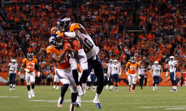 DENVER, CO - OCTOBER 23:  Free safety Rahim Moore #26 of the Denver Broncos has a fourth quarter in...