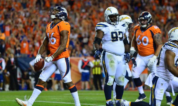 DENVER, CO - SEPTEMBER 11:  Wide receiver Bennie Fowler #16 of the Denver Broncos celebrates a touc...