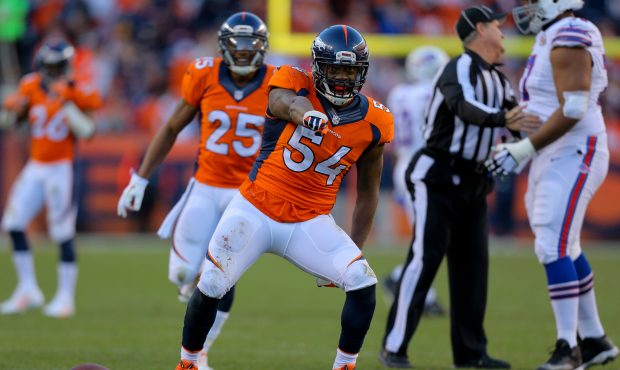 DENVER, CO - DECEMBER 7:  Outside linebacker Brandon Marshall #54 of the Denver Broncos celebrates ...