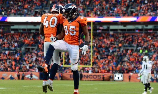 DENVER, CO - JANUARY 1:  Tight end Virgil Green #85 of the Denver Broncos celebrates his touchdown ...