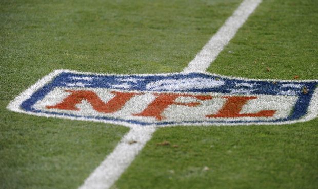 DENVER, CO - AUGUST 27: A general view of an NFL logo on the field prior to the preseason game betw...