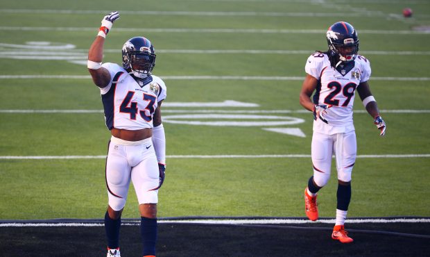 SANTA CLARA, CA - FEBRUARY 07: T.J. Ward #43 of the Denver Broncos warms up piror to Super Bowl 50 ...