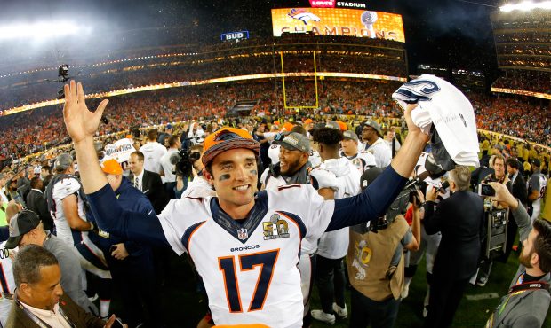 SANTA CLARA, CA - FEBRUARY 07:  Brock Osweiler #17 of the Denver Broncos celebrates after winning S...