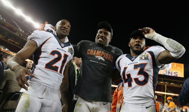 SANTA CLARA, CA - FEBRUARY 07: Aqib Talib #21, Von Miller #58 and T.J. Ward #43 of the Denver Bronc...