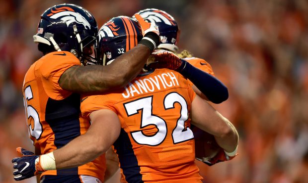 DENVER, CO - SEPTEMBER 08:  Fullback Andy Janovich #32 of the Denver Broncos celebrates with teamma...