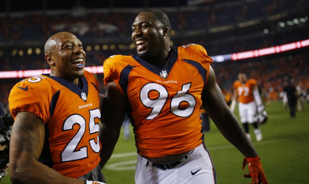DENVER, CO - SEPTEMBER 11: Defensive end Shelby Harris #96 of the Denver Broncos celebrates winning...