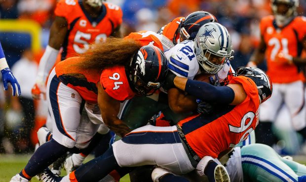DENVER, CO - SEPTEMBER 17: Nose tackle Domata Peko #94 and defensive tackle Adam Gotsis #99 of the ...