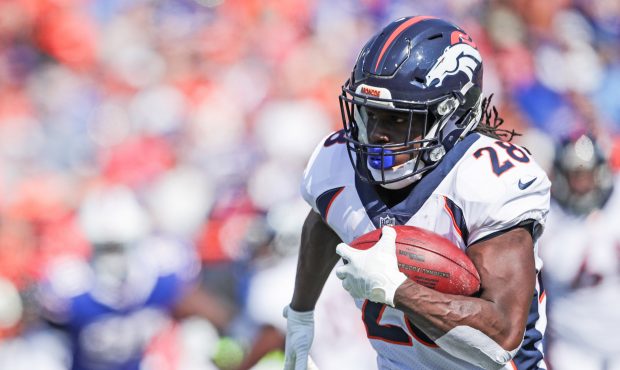 ORCHARD PARK, NY - SEPTEMBER 24: Jamaal Charles #28 of the Denver Broncos runs the ball during an N...