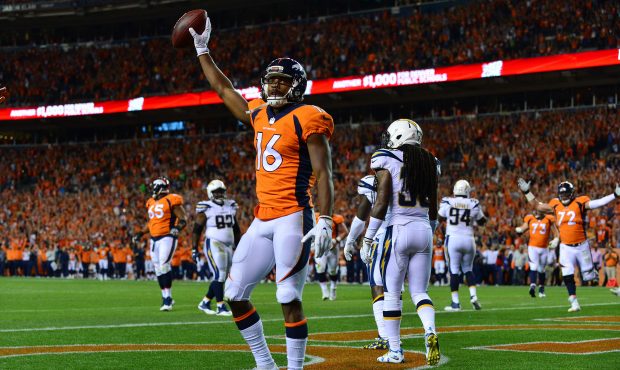 DENVER, CO - SEPTEMBER 11:  Wide receiver Bennie Fowler #16 of the Denver Broncos celebrates a touc...