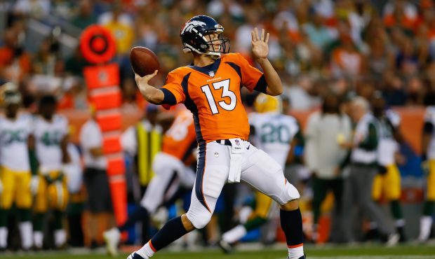 DENVER, CO - AUGUST 26:  Quarterback Trevor Siemian #13 of the Denver Broncos throws a pass in the ...
