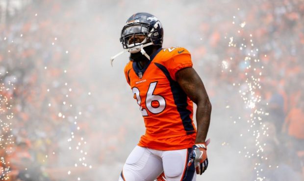 Free safety Darian Stewart #26 of the Denver Broncos runs onto the field during player introduction...