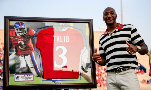 LAWRENCE, KS - SEPTEMBER 02: Aqib Talib of the Denver Broncos and Kansas Jayhawks alum is inducted ...