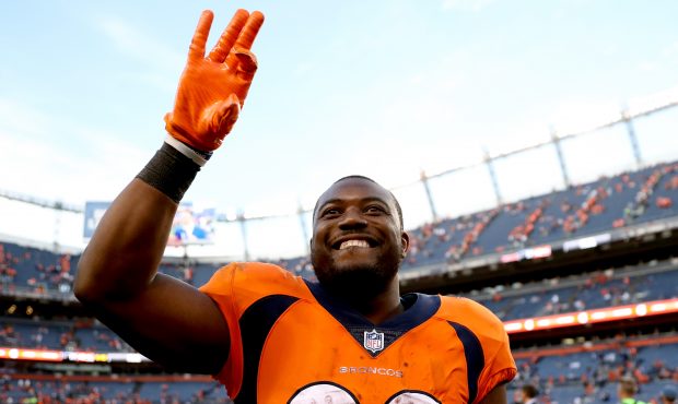 DENVER, CO - SEPTEMBER 17:  C.J. Anderson #22 of the Denver Broncos celebrates their win against th...