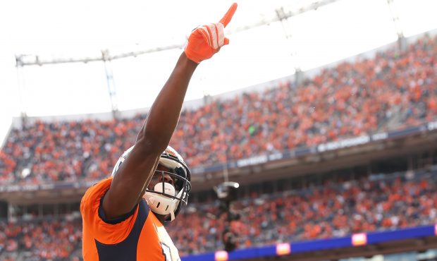 DENVER, CO - SEPTEMBER 17:  Emmanuel Sanders #10 of the Denver Broncos celebrates after scoring a t...