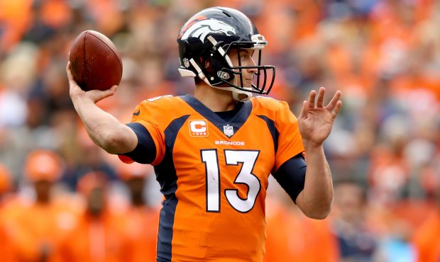 DENVER, CO - OCTOBER 01:  Trevor Siemian #13 of the Denver Broncos throws against the Oakland Raide...