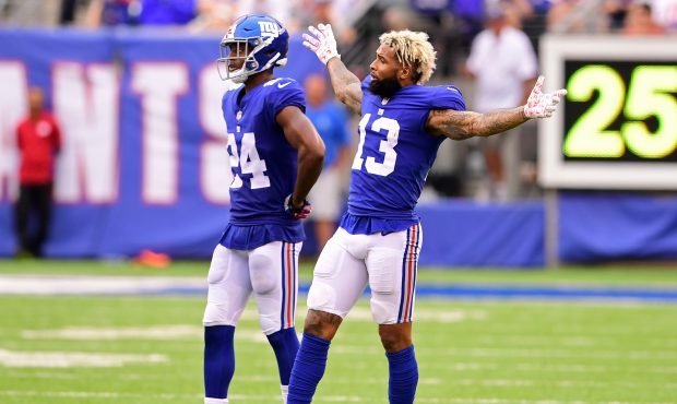 EAST RUTHERFORD, NJ - OCTOBER 08: Odell Beckham #13 of the New York Giants reacts during the fourth...