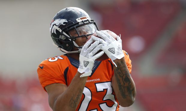 TAMPA, FL - OCTOBER 2:  Running back Devontae Booker #23 of the Denver Broncos  warms up before the...