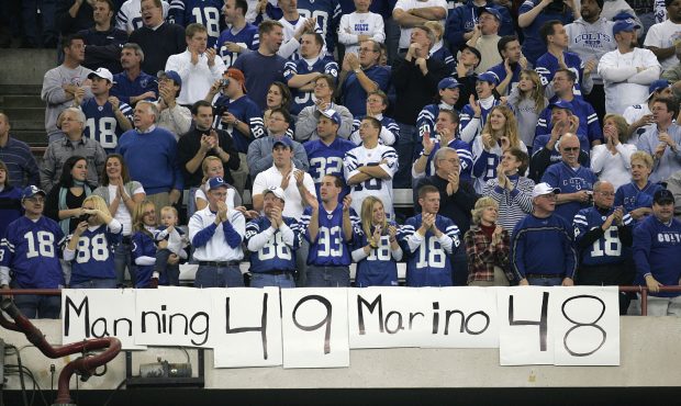 INDIANAPOLIS - DECEMBER 26: Fans of Peyton Manning and the Indianapolis Colts applaud in front of a...