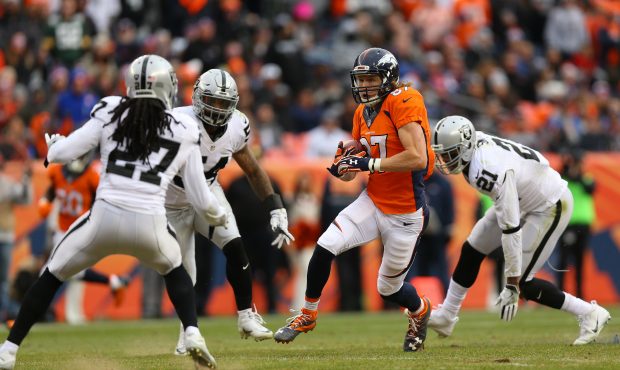 DENVER, CO - JANUARY 1:  Wide receiver Jordan Taylor #87 of the Denver Broncos catches a pass in th...