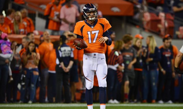 DENVER, CO - SEPTEMBER 11: Quarterback Brock Osweiler #17 of the Denver Broncos during warmups befo...