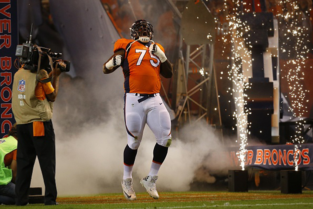 DENVER, CO - SEPTEMBER 11: Offensive tackle Menelik Watson #75 of the Denver Broncos is introduced to the game against the Los Angeles Chargers at Sports Authority Field at Mile High on September 11, 2017 in Denver, Colorado. (Photo by Justin Edmonds/Getty Images)