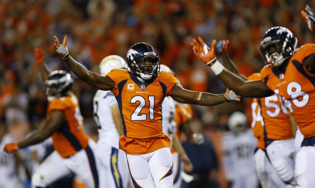 DENVER, CO - SEPTEMBER 11:  Cornerback Aqib Talib #21 of the Denver Broncos celebrates a missed fie...