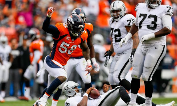 DENVER, CO - OCTOBER 1:  Outside linebacker Von Miller #58 of the Denver Broncos celebrates after s...