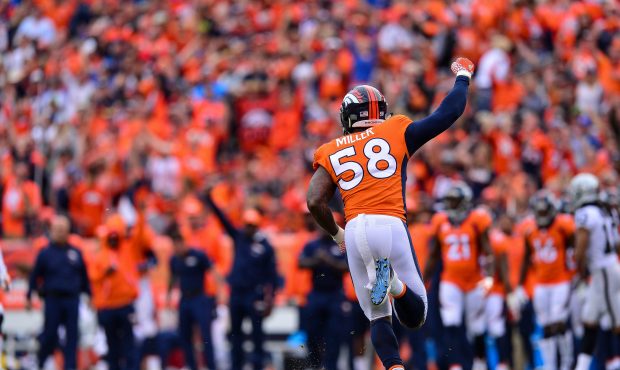 DENVER, CO - OCTOBER 1: Outside linebacker Von Miller #58 of the Denver Broncos celebrates after ma...