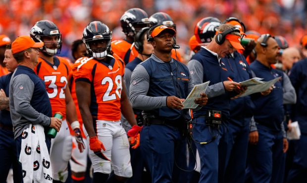 DENVER, CO - OCTOBER 1: Head coach Vance Joseph of the Denver Broncos looks on from the sideline du...