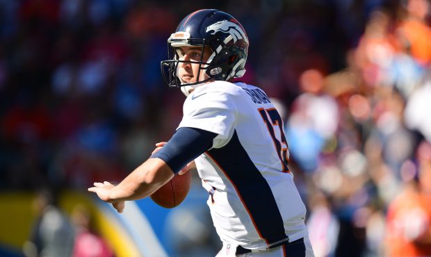 CARSON, CA - OCTOBER 22:  Trevor Siemian #13 of the Denver Broncos prepares to thow a pass in the f...