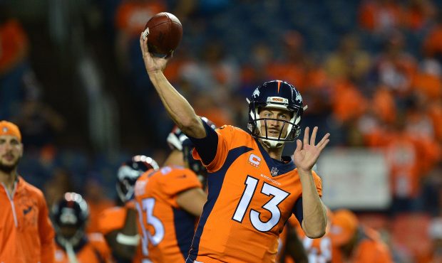 DENVER, CO - SEPTEMBER 11:  Quarterback Trevor Siemian #13 of the Denver Broncos warms up before th...