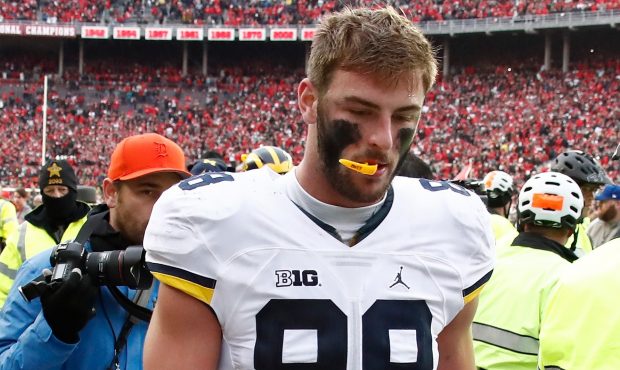 COLUMBUS, OH - NOVEMBER 26:   Jake Butt #88 of the Michigan Wolverines leaves the field after the l...