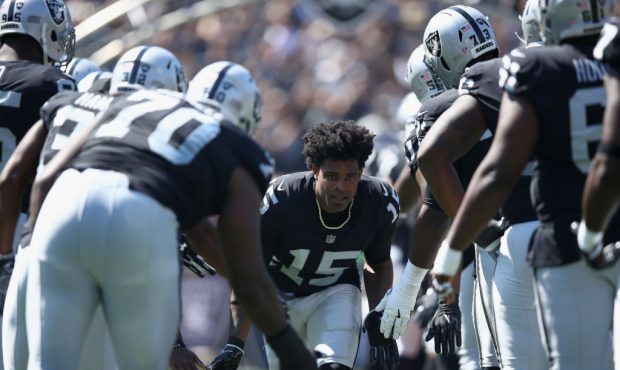 OAKLAND, CA - SEPTEMBER 17:  Michael Crabtree #15 of the Oakland Raiders runs on to the field for t...