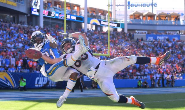 CARSON, CA - OCTOBER 22:  Adrian Phillips #31 of the Los Angeles Chargers attempts an interception ...