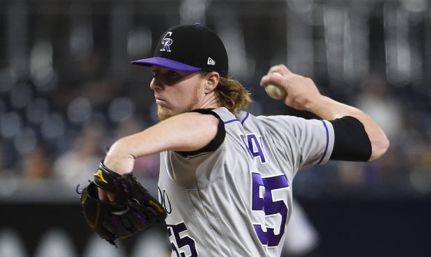 SAN DIEGO, CA - SEPTEMBER 22: Jon Gray #55 of the Colorado Rockies pitches during the first inning ...
