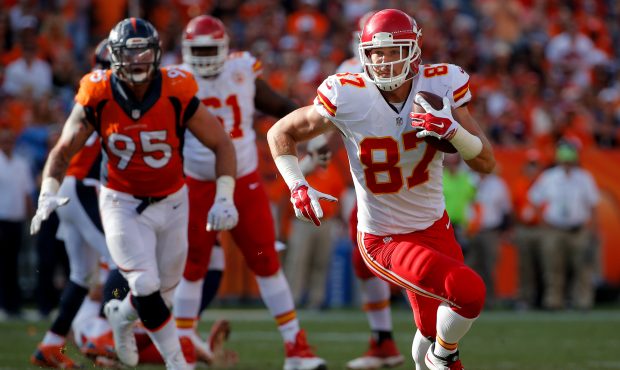 DENVER, CO - SEPTEMBER 14:  Tight end Travis Kelce #87 of the Kansas City Chiefs has a reception ag...
