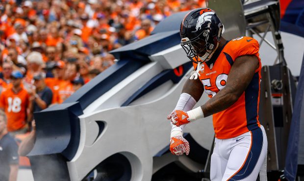 Outside linebacker Von Miller #58 of the Denver Broncos runs onto the field during player introduct...