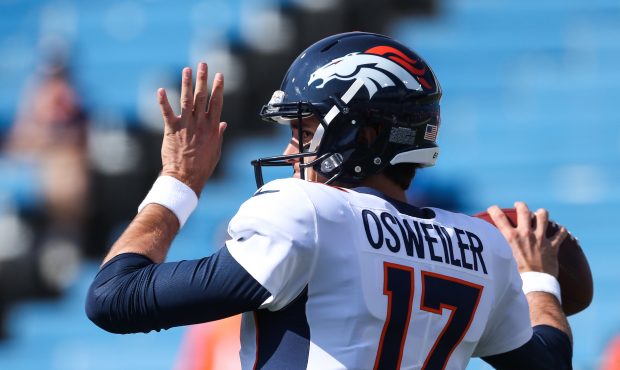 ORCHARD PARK, NY - SEPTEMBER 24:  Brock Osweiler #17 of the Denver Broncos warms up before an NFL g...