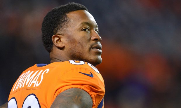 Demaryius Thomas looks on before a game between the Denver Broncos and New England Patriots at Spor...