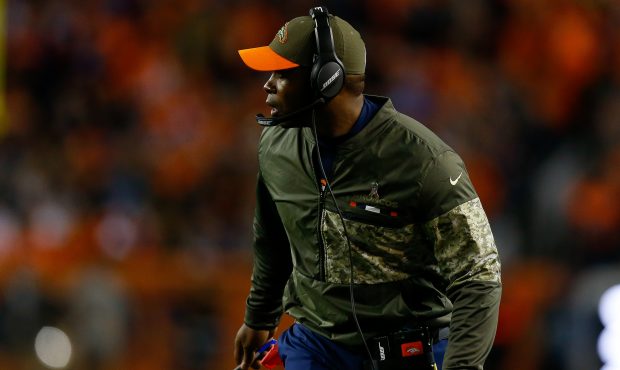 DENVER, CO - NOVEMBER 12: Head coach Vance Joseph of the Denver Broncos works on the sideline durin...