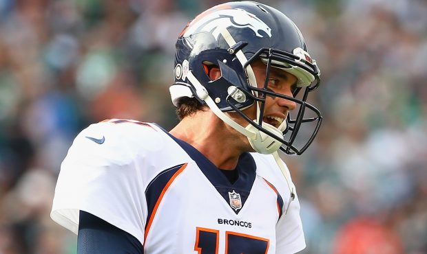 PHILADELPHIA, PA - NOVEMBER 05:  Quarterback Brock Osweiler #17 of the Denver Broncos reacts agains...