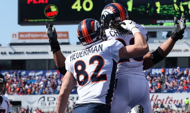 ORCHARD PARK, NY - SEPTEMBER 24:  Jamaal Charles #28 of the Denver Broncos celebrates with teammate...