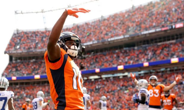 DENVER, CO - SEPTEMBER 17:  Emmanuel Sanders #10 of the Denver Broncos celebrates after scoring a t...