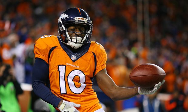 DENVER, CO - NOVEMBER 27:  Wide receiver Emmanuel Sanders #10 of the Denver Broncos celebrates catc...