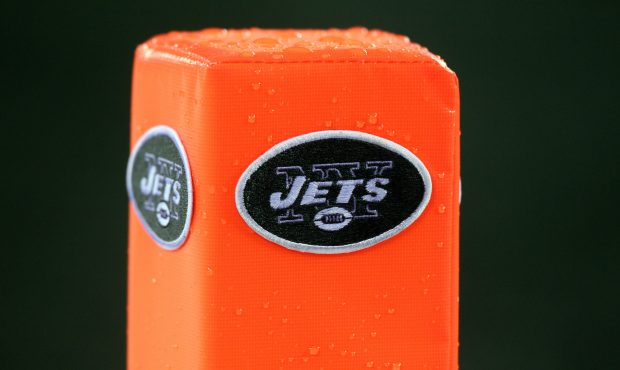 An end zone marker with the New York Jets logo on sits on the field at the New Meadowlands Stadium ...