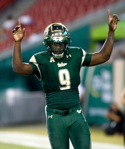 Quarterback Quinton Flowers #9 of the South Florida Bulls celebrates following his 1 yard rushing touchdown during the fourth quarter of an NCAA football game against the Temple Owls on September 21, 2017 at Raymond James Stadium in Tampa, Florida. (Photo by Brian Blanco/Getty Images)