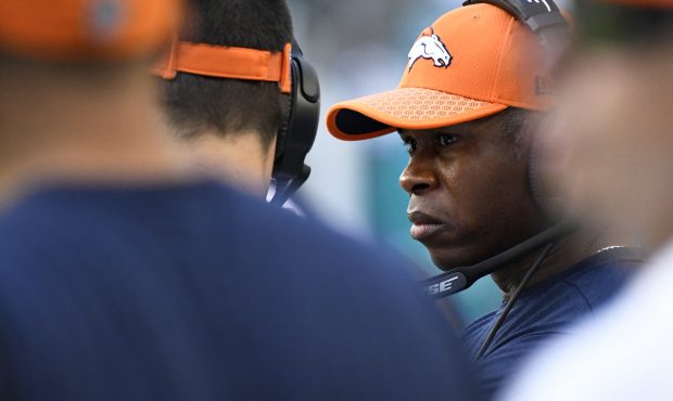 Head coach Vance Joseph of the Denver Broncos with nowhere to go in the 4th quarter as the Broncos ...
