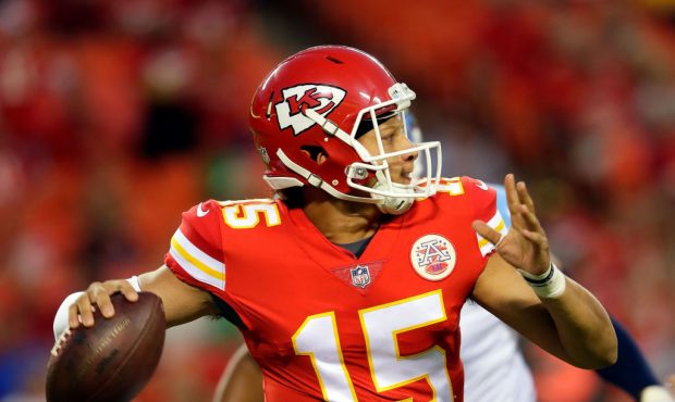 KANSAS CITY, MO - AUGUST 31:  Quarterback Patrick Mahomes #15 of the Kansas City Chiefs looks to pa...