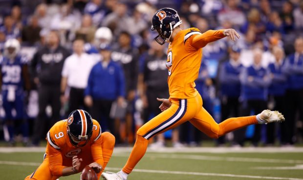 INDIANAPOLIS, IN - DECEMBER 14:  Brandon McManus #8 of the Denver Broncos kicks a field goal agains...