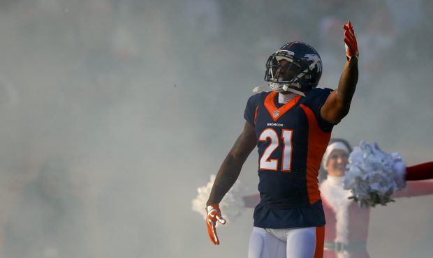 Cornerback Aqib Talib #21 of the Denver Broncos runs onto the field during player introductions bef...